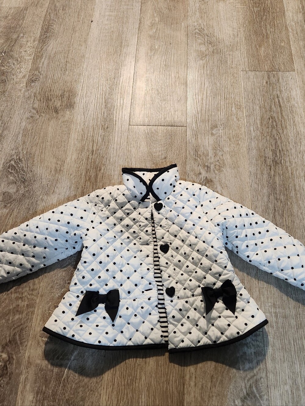 Little Me White Quilted Polka Dot Jacket with Black Trim and Bows